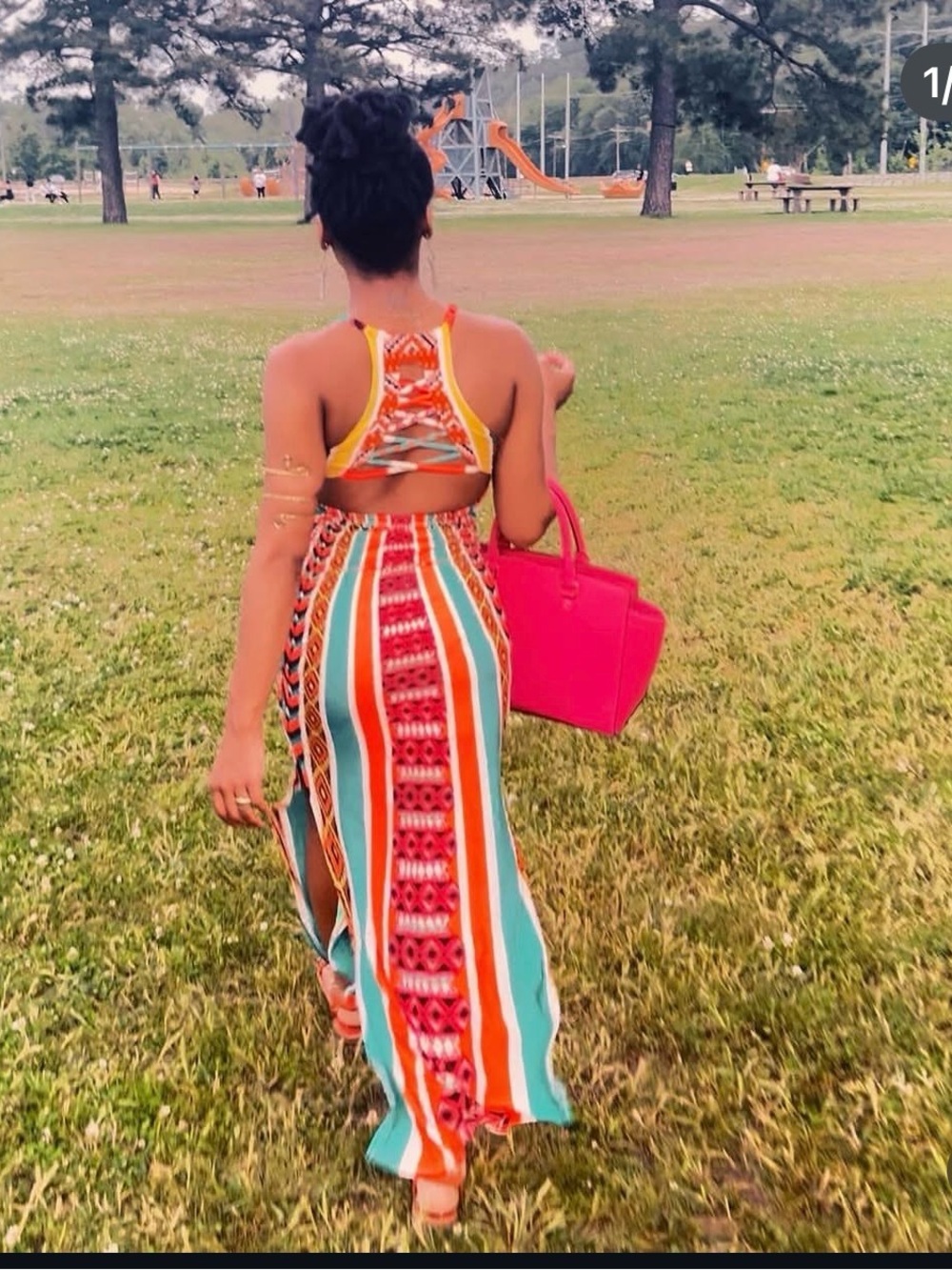 Fashion Nova Aztec Print Maxi Dress Open Back Boho Size Small